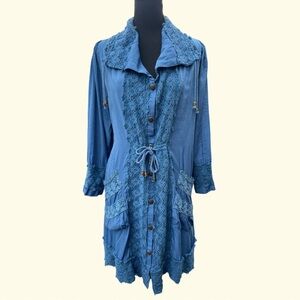 Pretty Angel blue crochet trim long button up cardigan jacket • size M